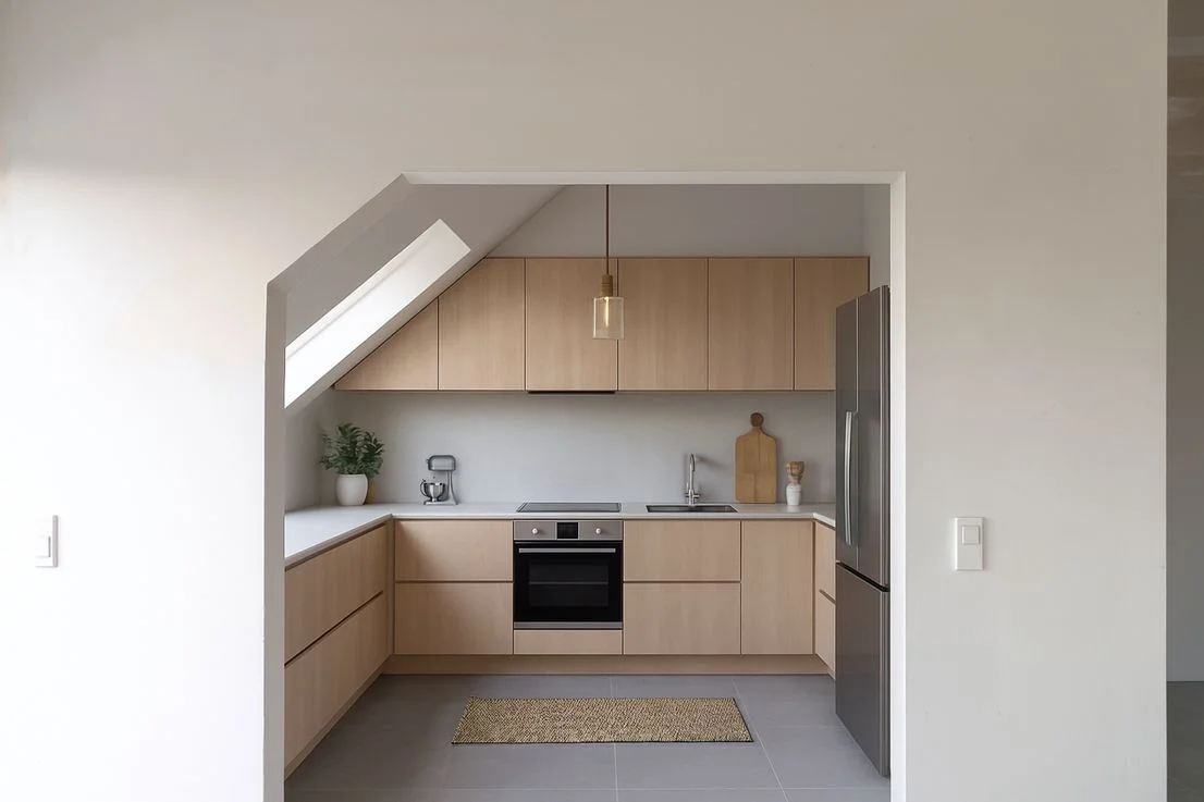 Después de la puesta en escena virtual con IA - cocina moderna equipada
