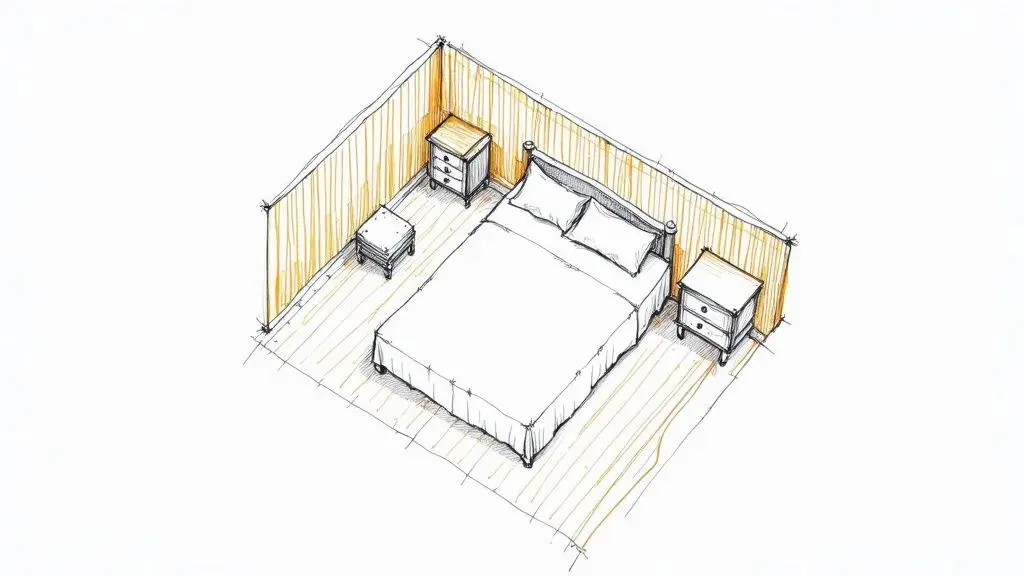 Dormitorio bien organizado con la cama como punto focal y caminos despejados