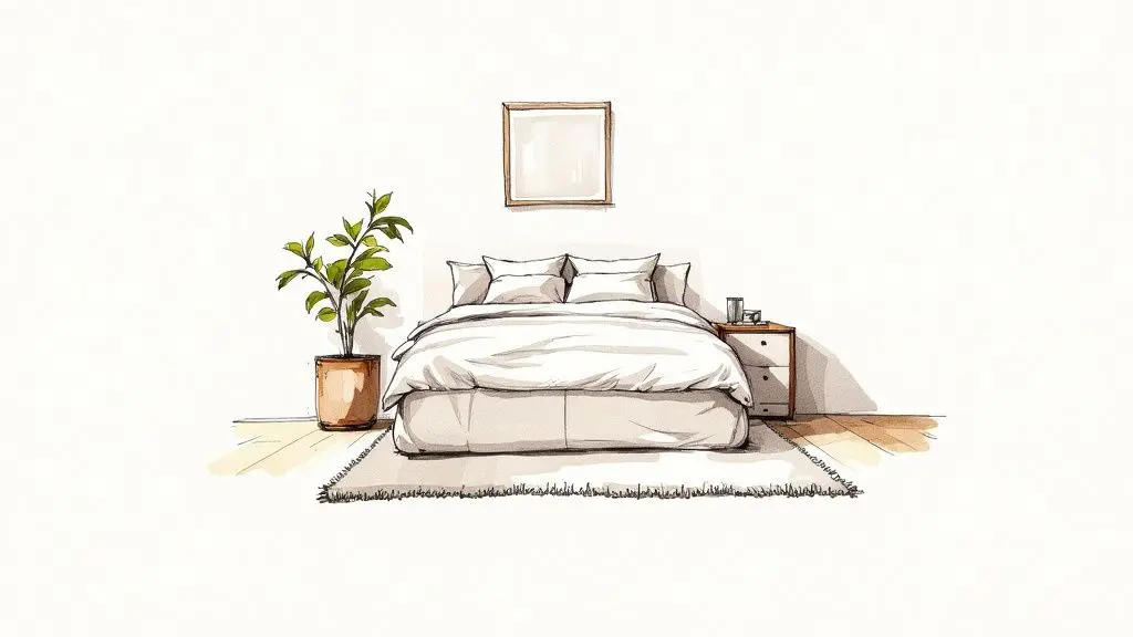 Dormitorio sereno decorado con textiles en capas y un toque de vegetación