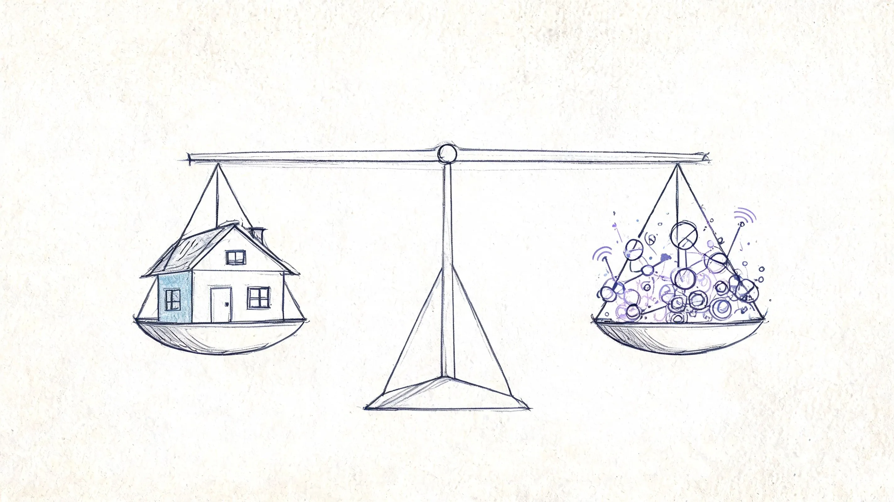 Illustration dessinée à la main d’une balance mettant en équilibre une maison face à des icônes de données complexes.