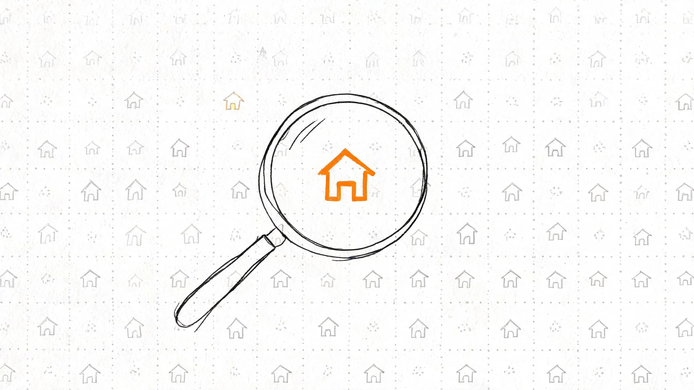 Une loupe qui met en évidence l’icône orange d’une maison sur un fond parsemé de motifs de maisons.