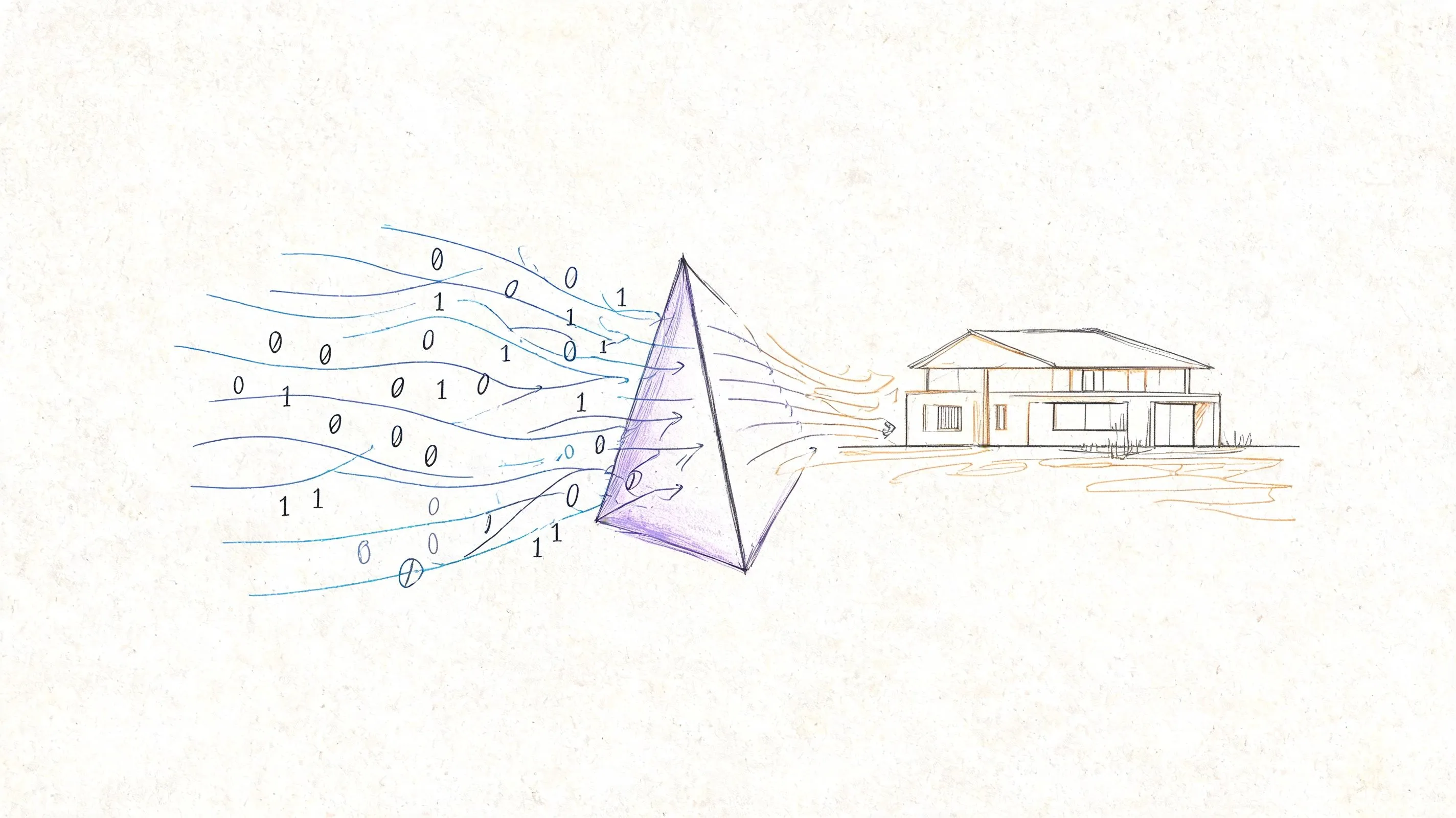 Illustration conceptuelle montrant des flux de données binaires se transformant en représentation architecturale d’une maison.