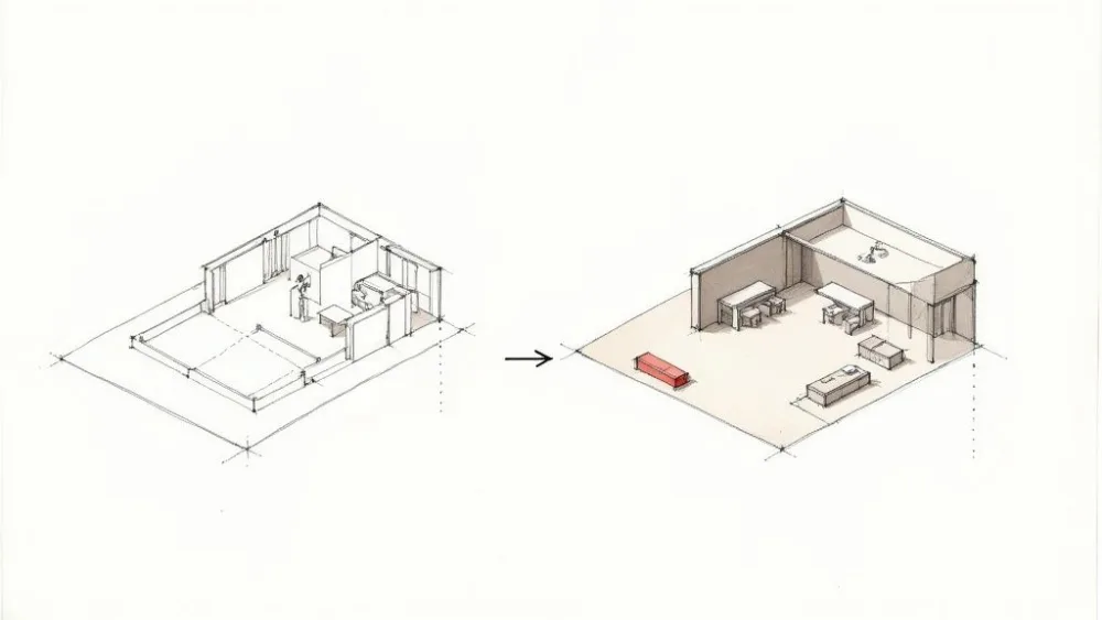 3D floor plan of a commercial office space, virtually staged with modern furniture