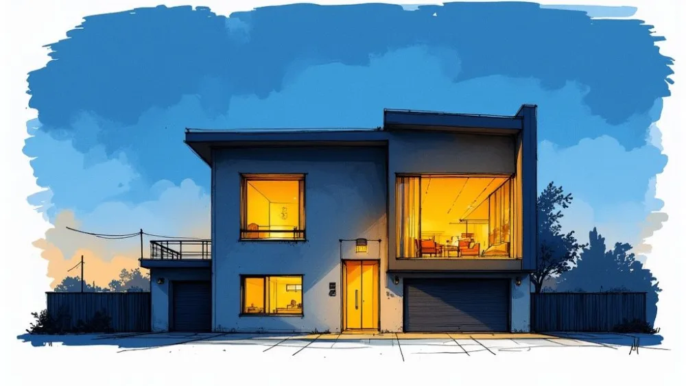 A beautiful home illuminated at twilight with warm interior lights glowing against a deep blue evening sky, showcasing the appeal of twilight real estate photography.