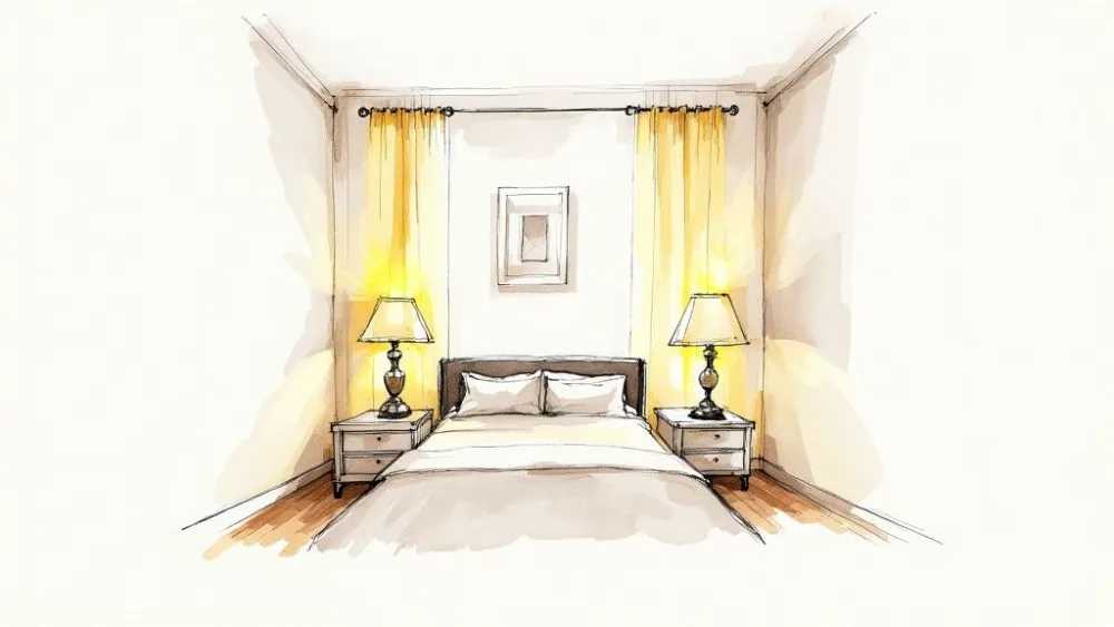 Una camera da letto luminosa e ben illuminata con tende trasparenti e più fonti di luce.