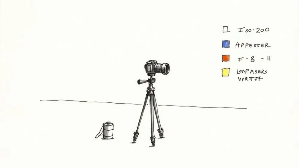 A close-up of a professional camera mounted on a tripod, ready for a twilight real estate photography shoot, with a beautifully lit home in the background.