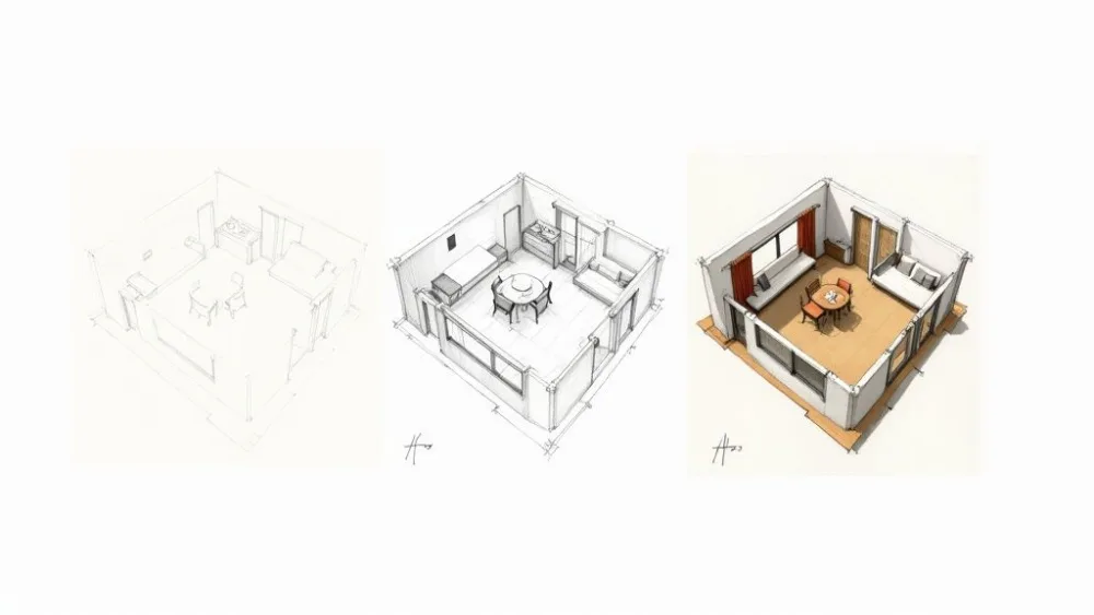 Un piano dettagliato renderizzato che mostra mobili, texture e illuminazione in una casa moderna