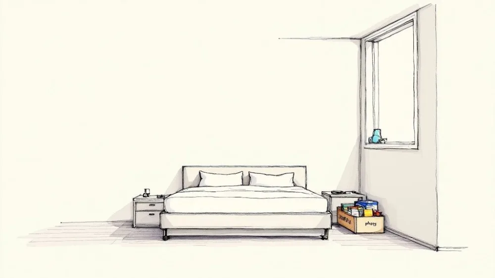 Una camera da letto allestita in modo ordinato con colori neutri e decorazioni minimaliste.