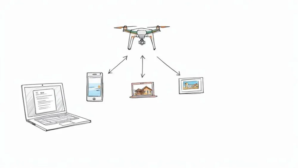 A real estate agent showing a tablet with aerial photos of a property to a prospective buyer, highlighting the property's features.