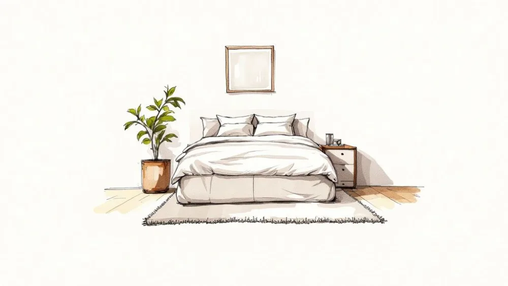 Una camera da letto serena, allestita con tessuti stratificati e un tocco di verde.