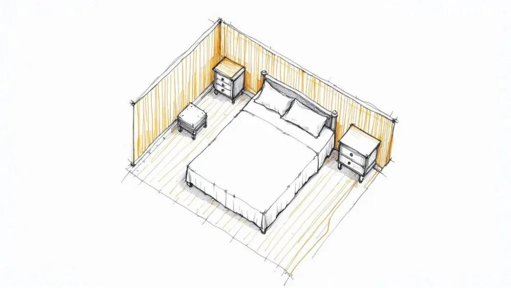 Una camera da letto ben allestita con un letto come punto focale e passaggi chiari.