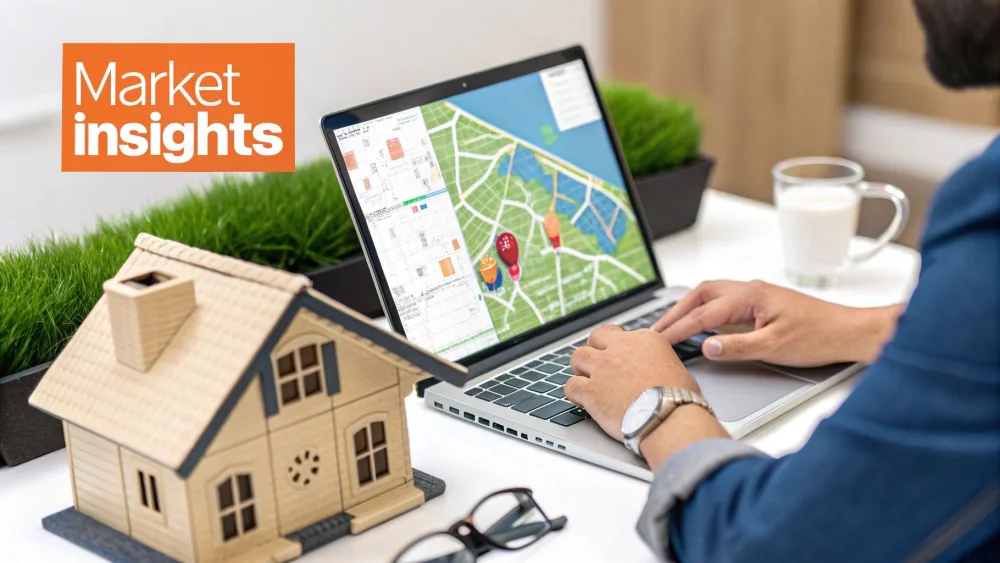 Agent reviewing a property map on a laptop beside a wooden model house