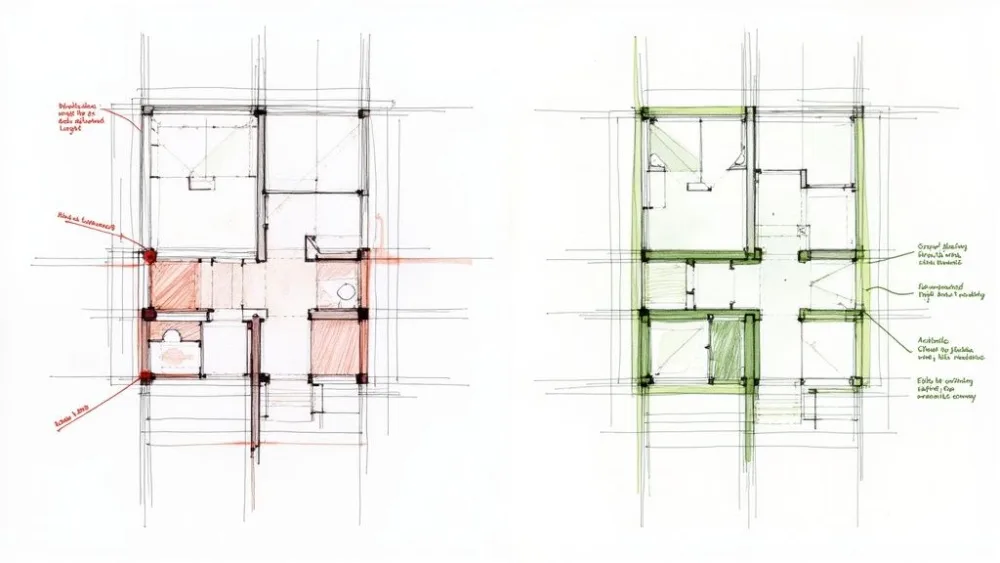 An architect reviewing a commercial floor plan with red circles indicating common mistakes.