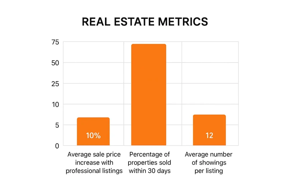 Bar chart of real estate metrics: sale price uplift, share sold within 30 days and showings per listing