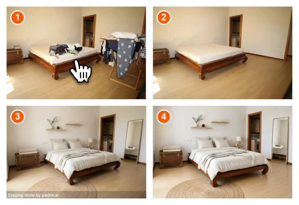 A mesma foto de celular de um quarto em quatro etapas: original, sem bagunça, mobiliado em estilo escandinavo e melhorado