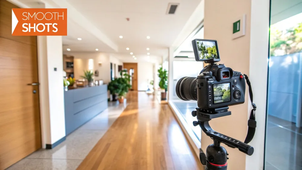 Camera mounted on a stabiliser to film down a bright hallway
