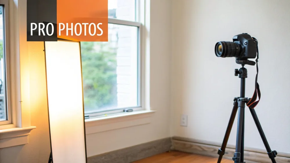 Fotocamera su treppiede e softbox allestiti in una stanza vuota