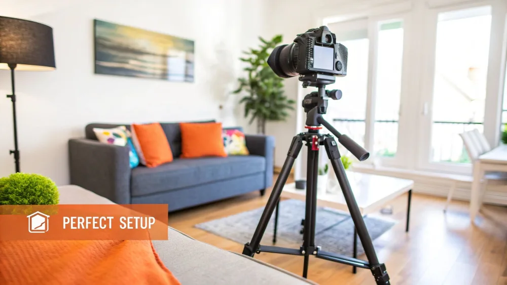 Fotocamera su treppiede pronta a fotografare un soggiorno allestito con divano grigio
