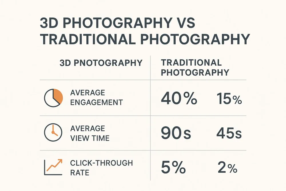 Grafico che confronta fotografia 3D e tradizionale per coinvolgimento, tempo di visione e clic