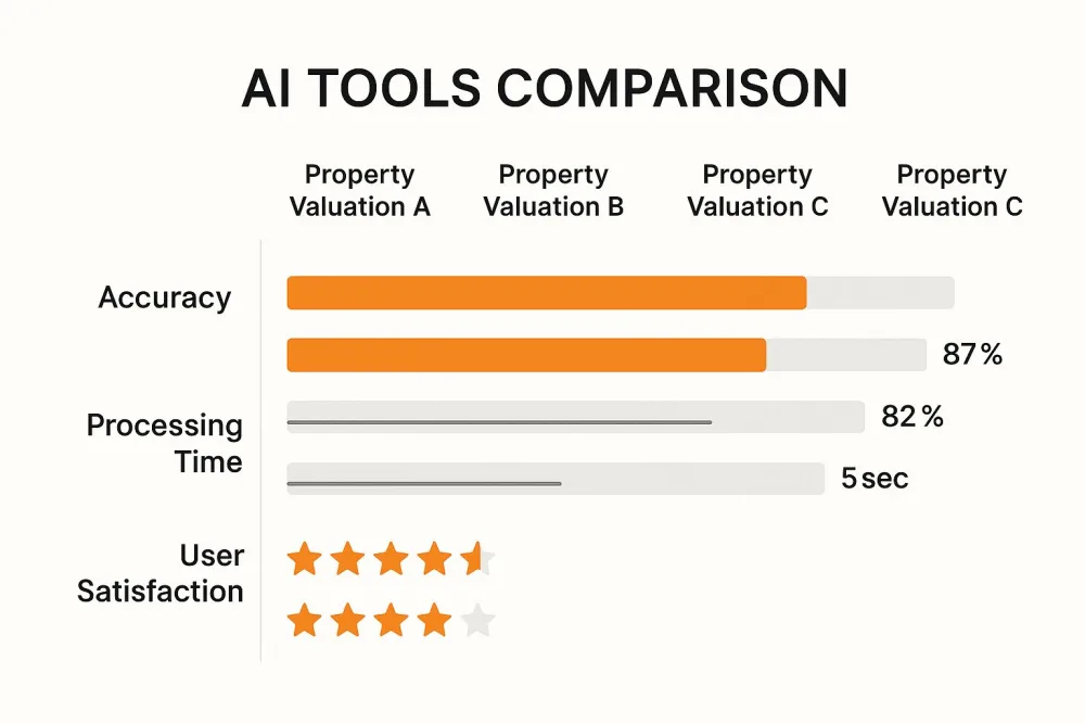 Chart comparing AI property valuation tools on accuracy, processing time and user satisfaction