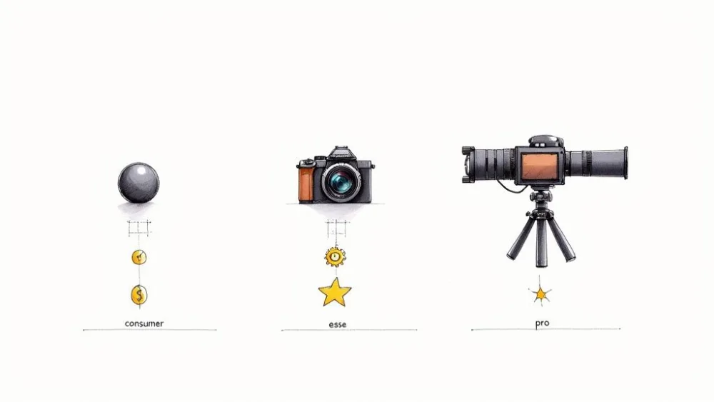 Primer plano de una lente de cámara de 360 grados, reflejando un espacio interior moderno.
