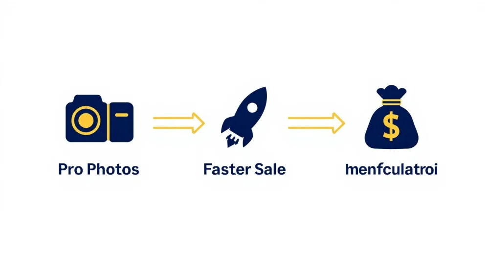 Professional photography workflow diagram showing camera to rocket launch to money bag symbolizing business growth