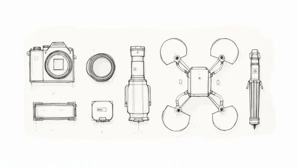 Technical sketch illustration showing camera equipment, drone, and tripod for professional photography gear