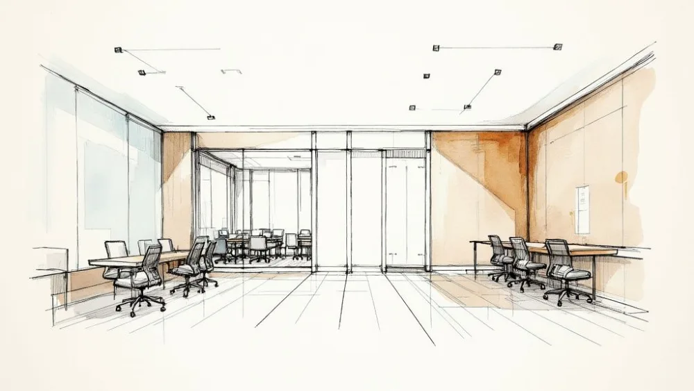 Modern office interior architectural sketch showing open workspace with desks, chairs, and glass partitions