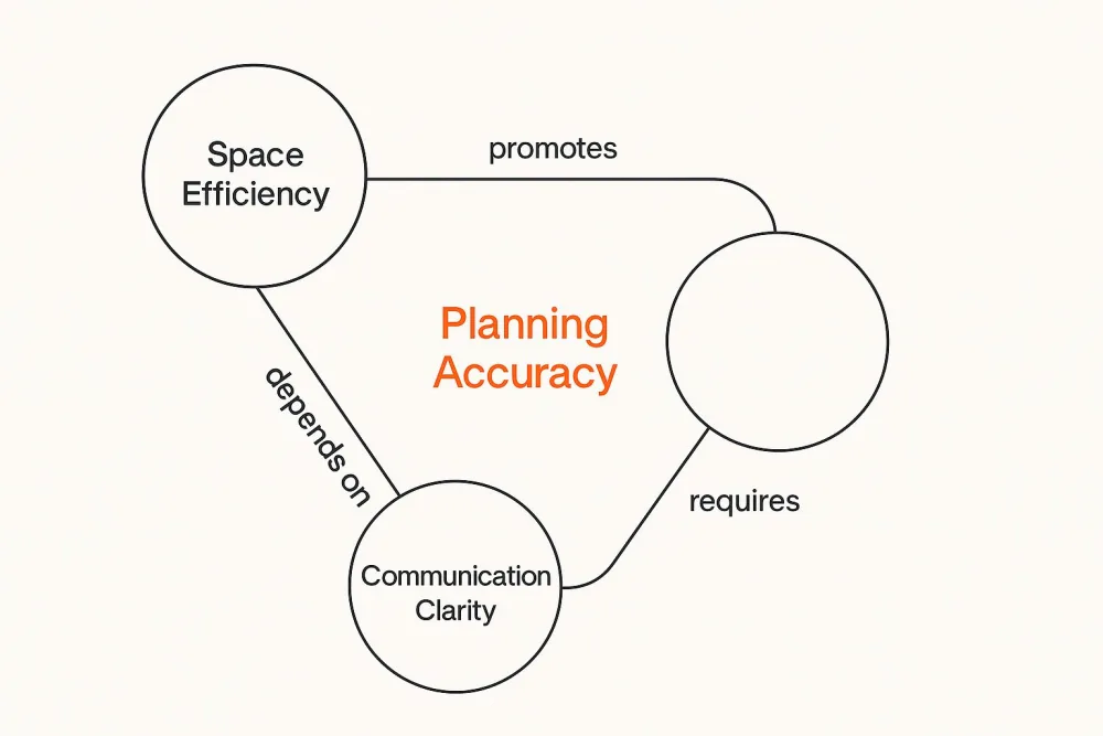 Diagram linking space efficiency, communication clarity and planning accuracy