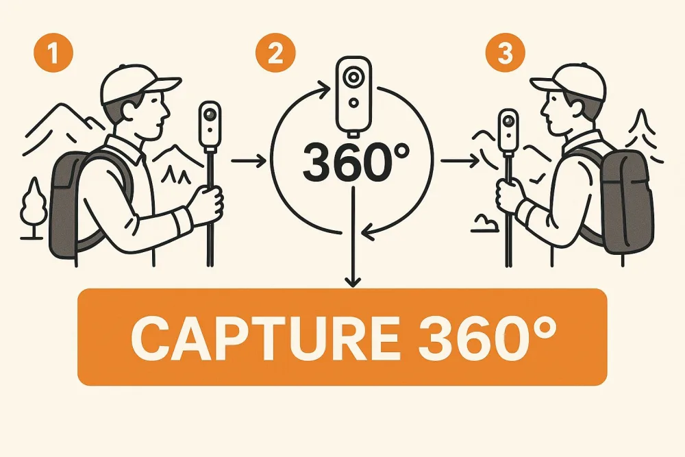 Diagramma su come catturare una scena a 360 gradi con una fotocamera su monopiede