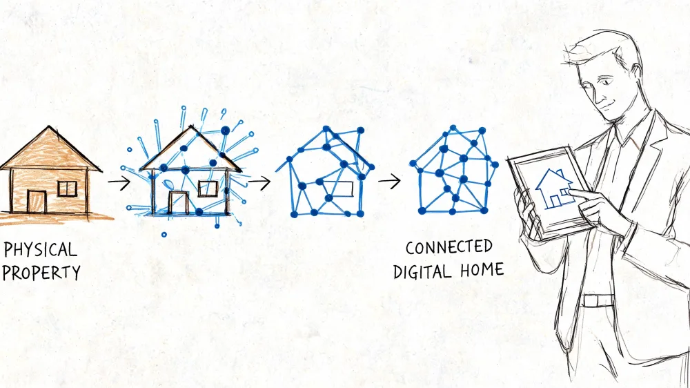 Illustration showing the transformation of a physical house into a connected digital real estate agency.