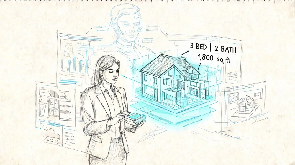 A businesswoman uses advanced digital technology to visualize and manage real estate properties in three dimensions.
