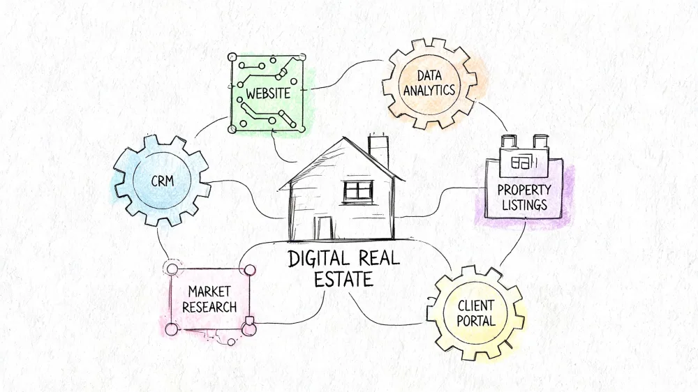 Diagram showing the key components of a digital real estate agency connected through gear and technology icons.