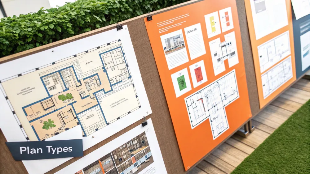 Display boards showing printed floor plans of different plan types