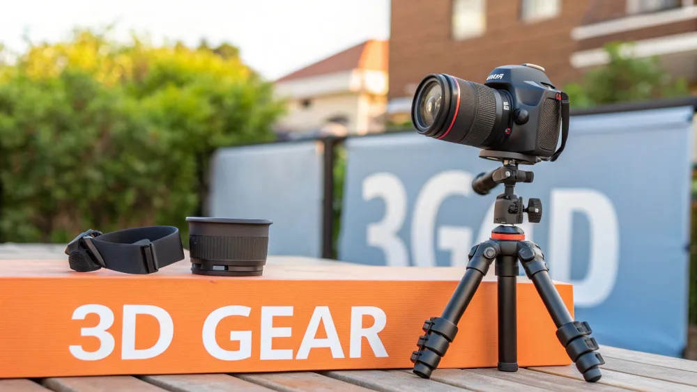 Fotocamera reflex su treppiede accanto a un paraluce e a una tracolla, attrezzatura 3D