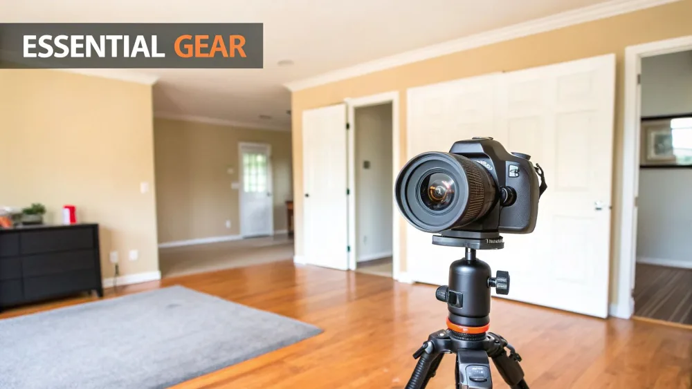 Fotocamera reflex su treppiede in una stanza vuota con pavimento in legno