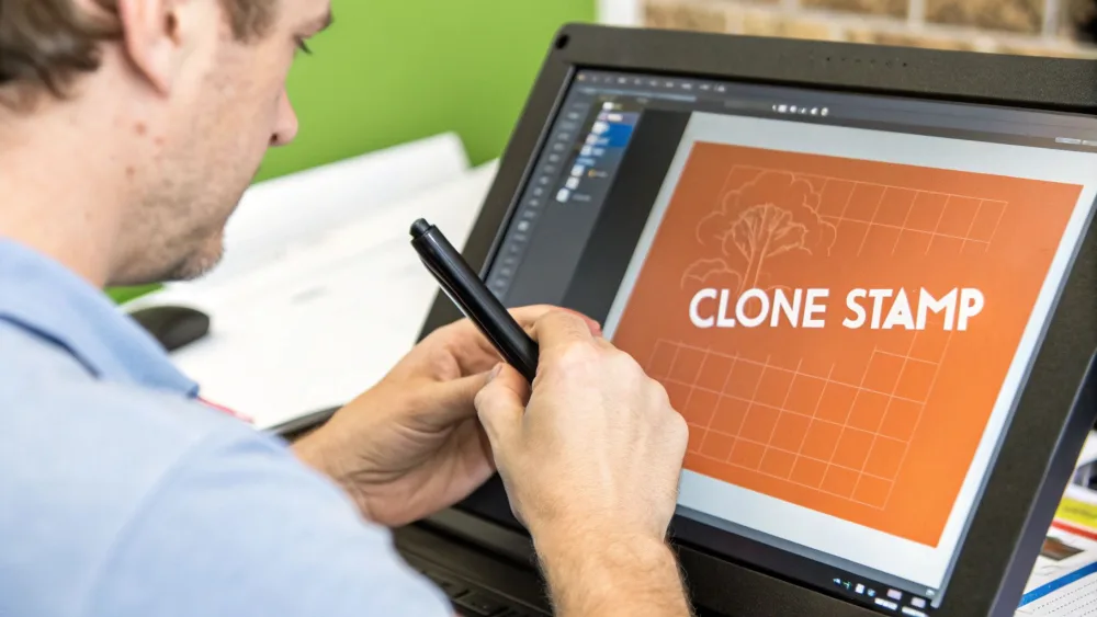 Editor che usa uno stilo su un display grafico per clonare una parte dell'immagine