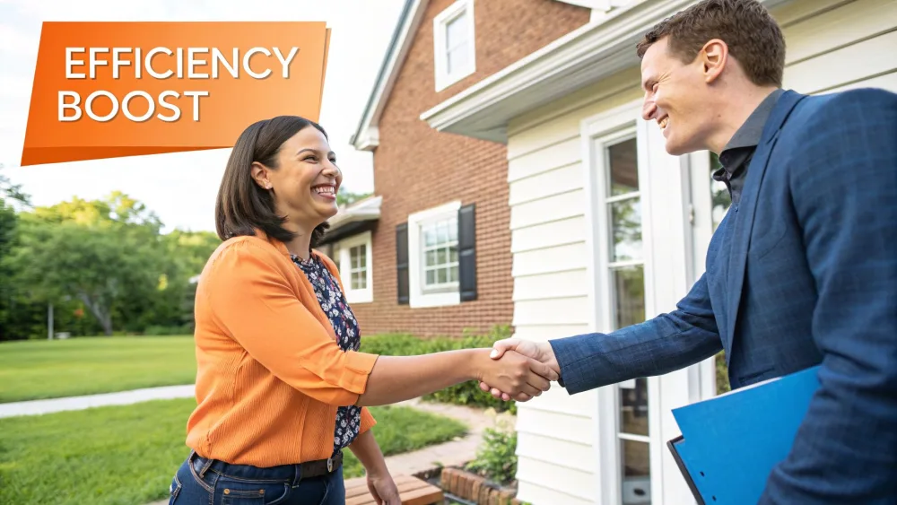 Estate agent shaking hands with a client outside a brick house