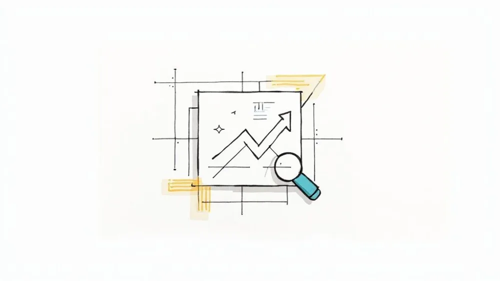 Un disegno che mostra un grafico con una freccia verso l'alto, rappresentando la crescita, accanto a una lente d'ingrandimento.