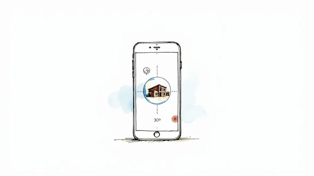 Illustrazione di uno schermo di smartphone che mostra una casa, un mirino e '30°' con un numero 6.