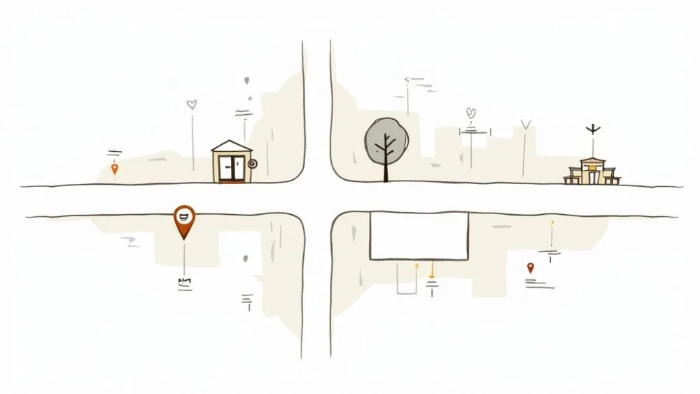 Illustrazione di una mappa disegnata a mano di un isolato cittadino con strade intersecanti, edifici, alberi e pin di localizzazione.