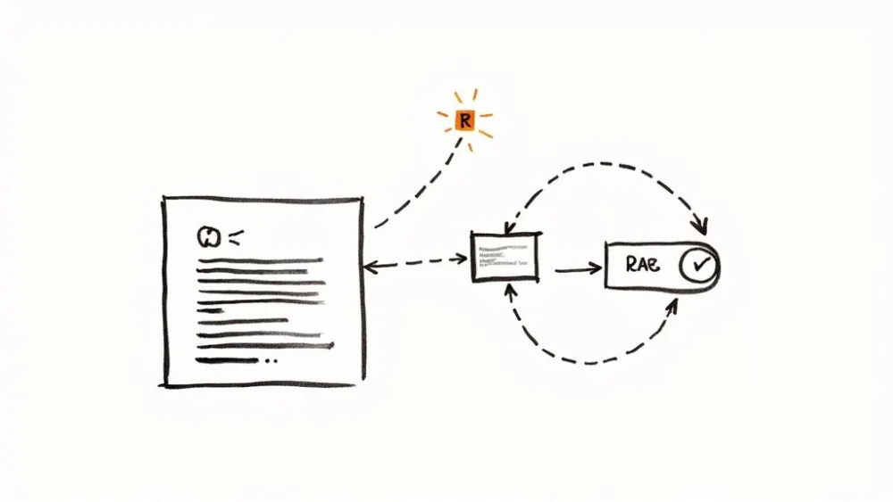 Un diagramma disegnato a mano che illustra un flusso di lavoro con un documento, un passaggio di elaborazione e un sistema 'RAB', guidato da un componente 'R'.