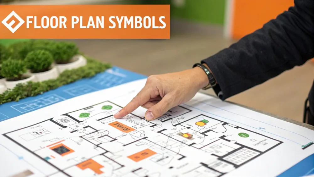 Hand pointing at the symbols on a printed floor plan