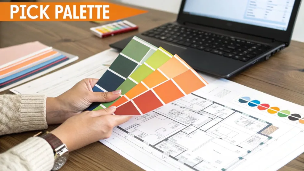 Mani che tengono campioni di colore sopra una planimetria stampata