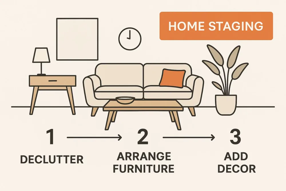 Diagramma dell'home staging: liberare gli spazi, disporre i mobili e aggiungere i complementi