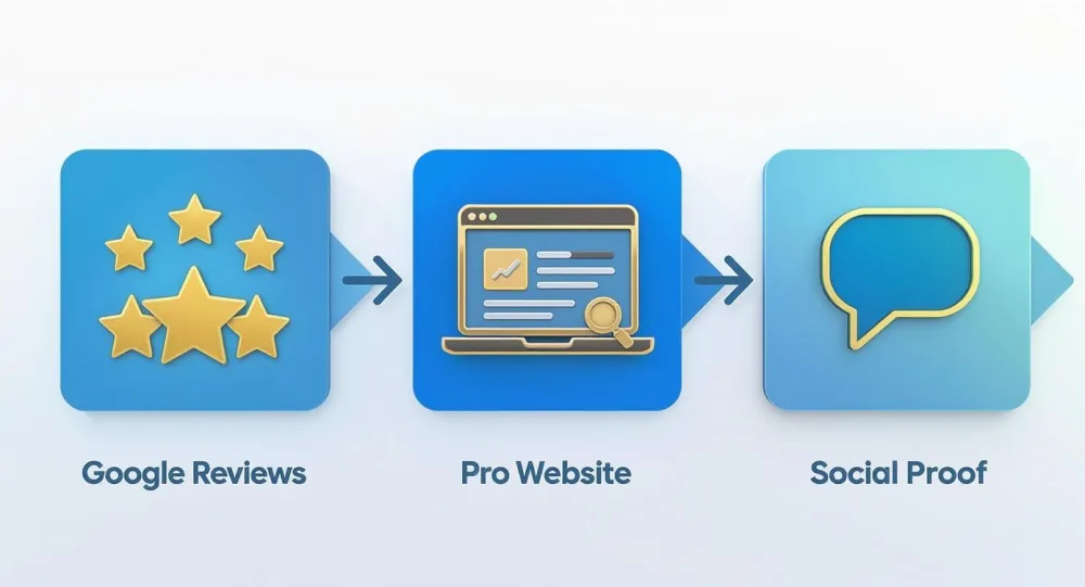 A visual infographic illustrating the process of building online reputation from Google Reviews to social proof.
