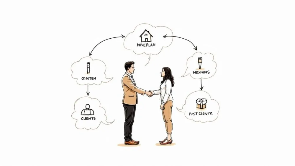 Two business people shaking hands in a diagram about real estate client acquisition and planning.