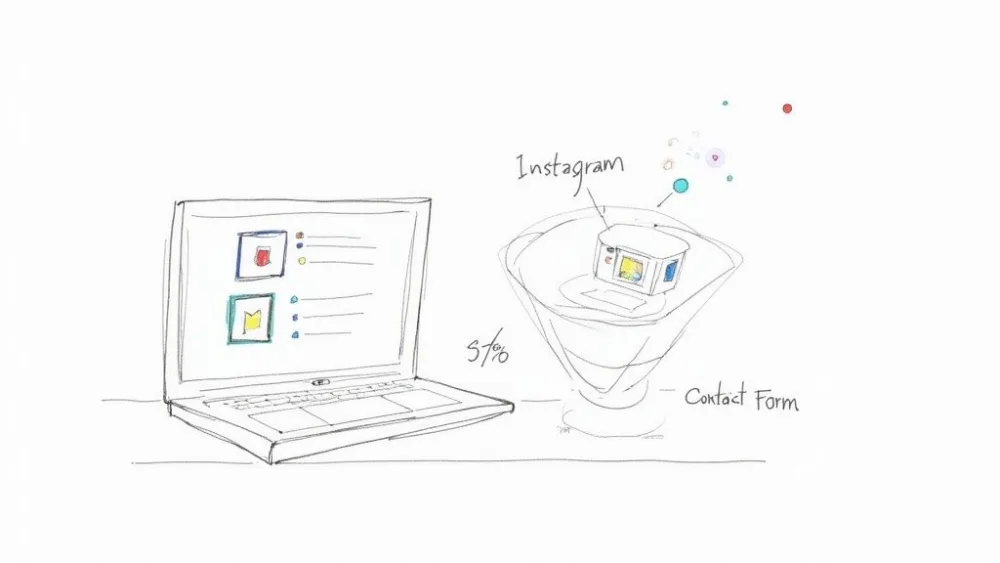 Sketch illustrating a lead generation funnel from Instagram to a contact form and a laptop.