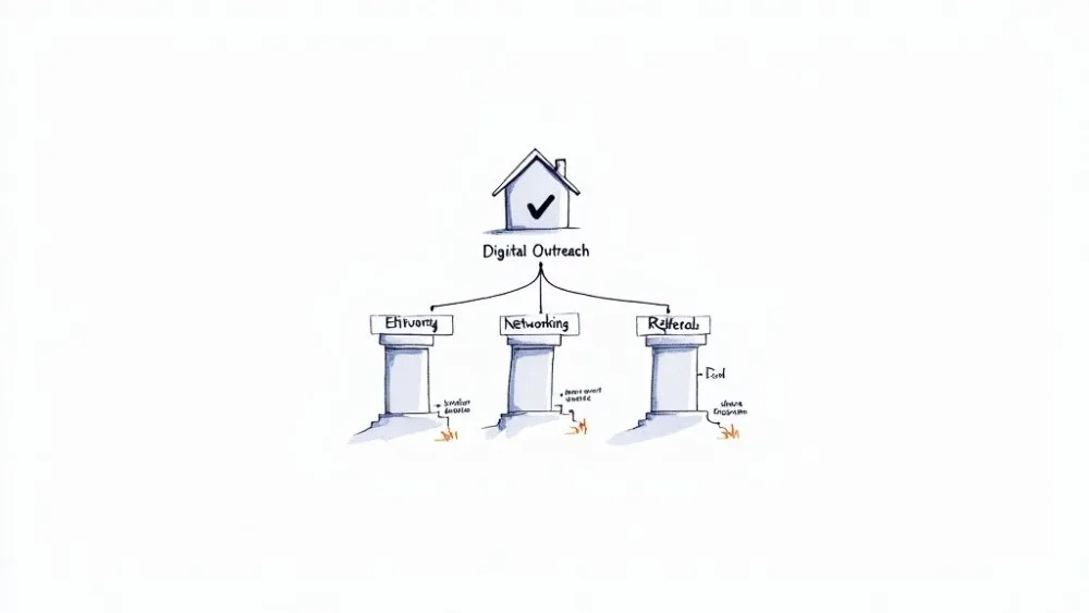 A diagram illustrates Digital Outreach supported by three pillars: Etivany, Networking, and Referrals, with brief notes.