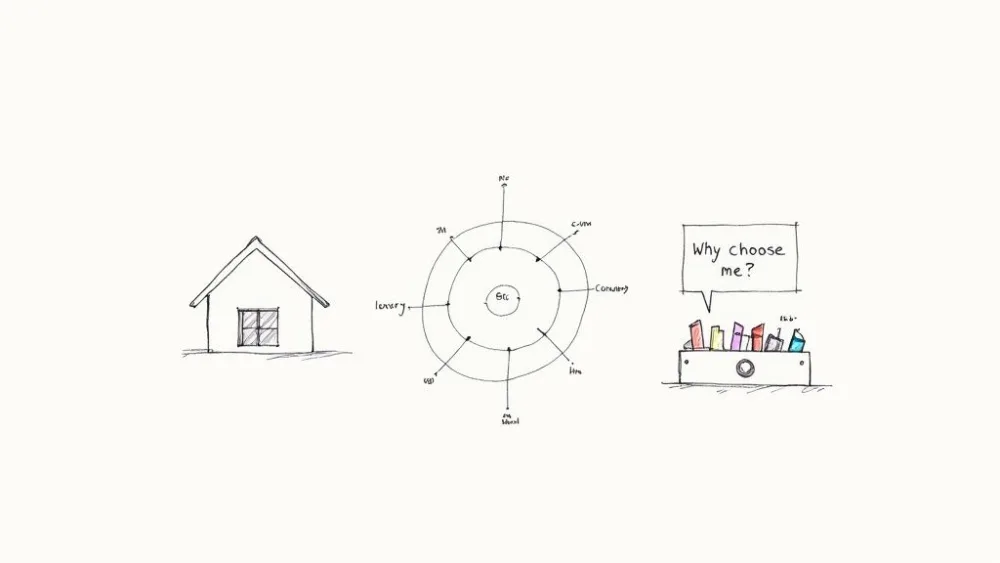 Croquis dessinés à la main illustrant une maison, un diagramme circulaire de stratégie commerciale, et une question 'Pourquoi me choisir ?'.